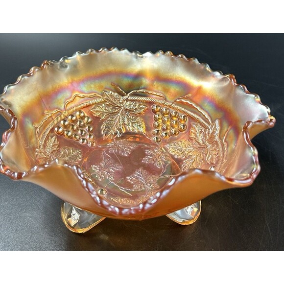 Fenton Edge Leaf Grape and Cable Marigold Carnival Footed Glass Bowl Candy Dish - Picture 7 of 10